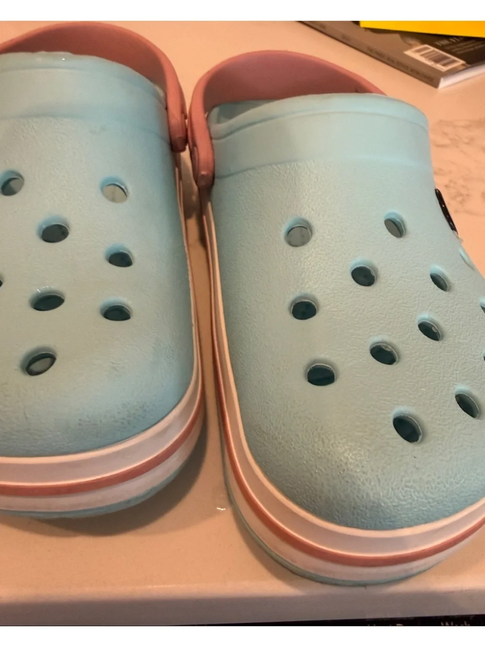 Kids crocs aqua blue with Pink Strap